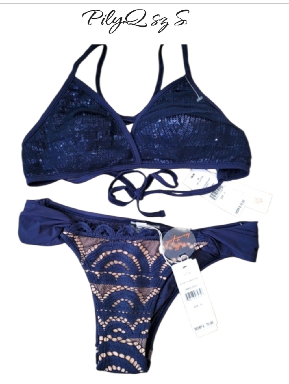 NWT PILYQ Navy Blue Bikini 2 Piece Set Swimsuit Sz S